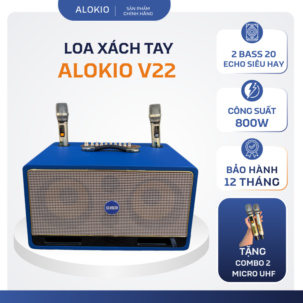 Alokio V22 Màu Xanh – Loa Xách Tay Chính Hãng 2 Bass 20 Karaoke Bluetooth - Thùng Gỗ Bọc Da Cao Cấp 
