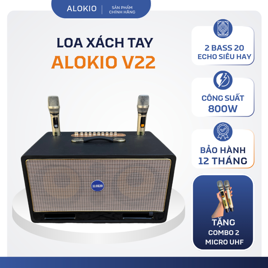 Alokio V22 Màu Đen – Loa Xách Tay Chính Hãng 2 Bass 20 Karaoke Bluetooth - Thùng Gỗ Bọc Da Cao Cấp –