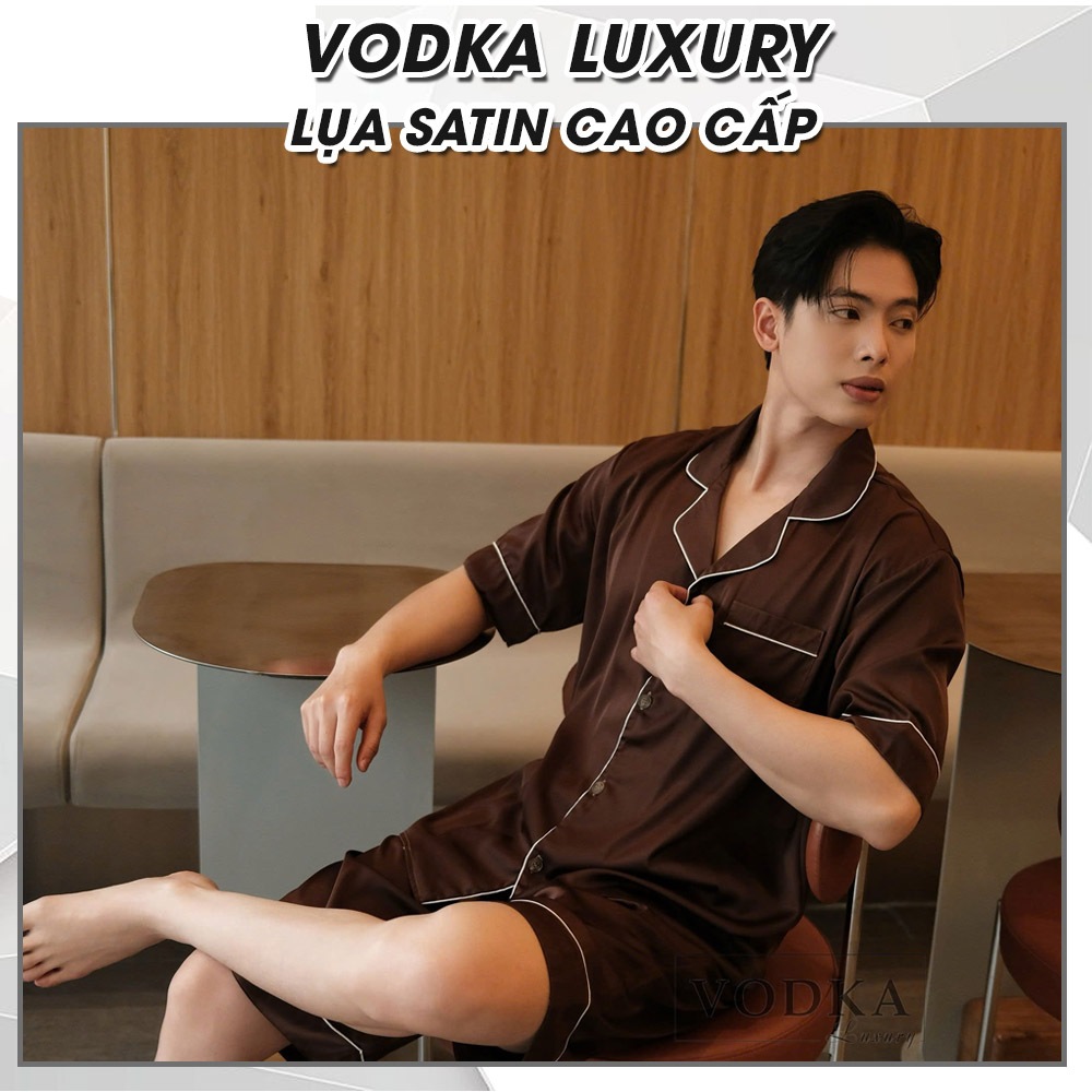 Pyjama nam mùa hè cao cấp chất satin màu nâu viền trắng mặc ở nhà T03ST - Vodka Luxury