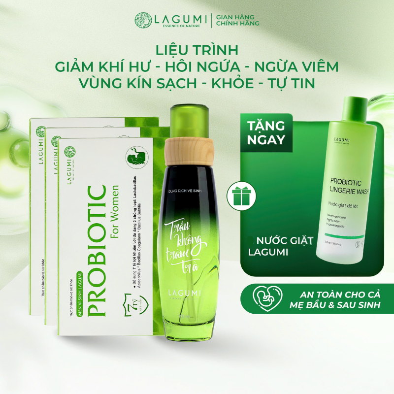 Liệu trình giảm ngứa, khí hư LAGUMI - 1 chai Dung Dịch Vệ Sinh Trầu Không Tràm Trà và 3 Hộp Men Vi S