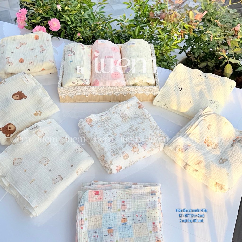 iuem khăn tắm xô muslin 4 lớp (SIZE TO) kt  88*110cm (+-2cm) dành cho bé từ sơ sinh tới lớn, dành cho bé từ sơ sinh,