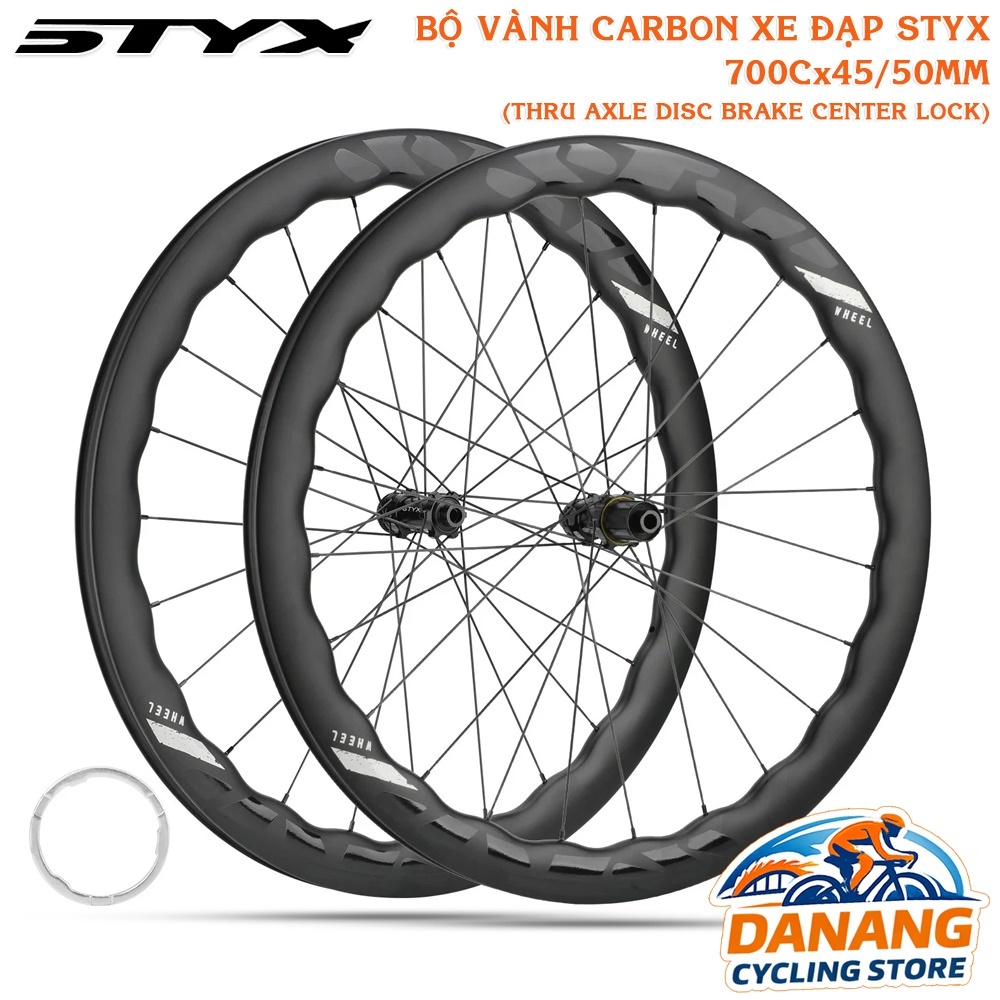 Bộ vành Carbon xe đạp Dạng Sóng STYX  700x45/50mm – Wheelset Carbon, Phanh Đĩa Center Lock Thru Axle