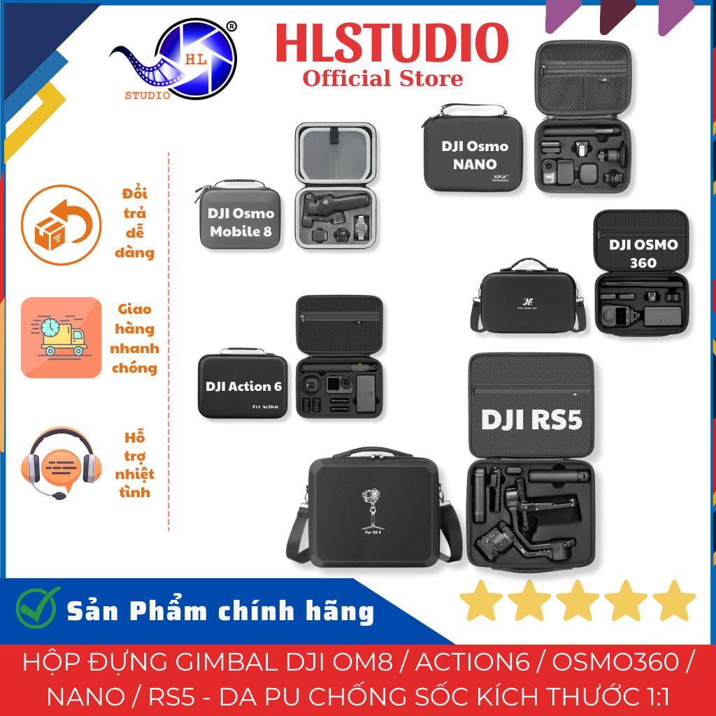 Hộp Đựng Gimbal DJI Om8 / Action6 / Osmo360 / Nano / RS5 - Da PU Chống Sốc Kích Thước 1:1 HL Studio