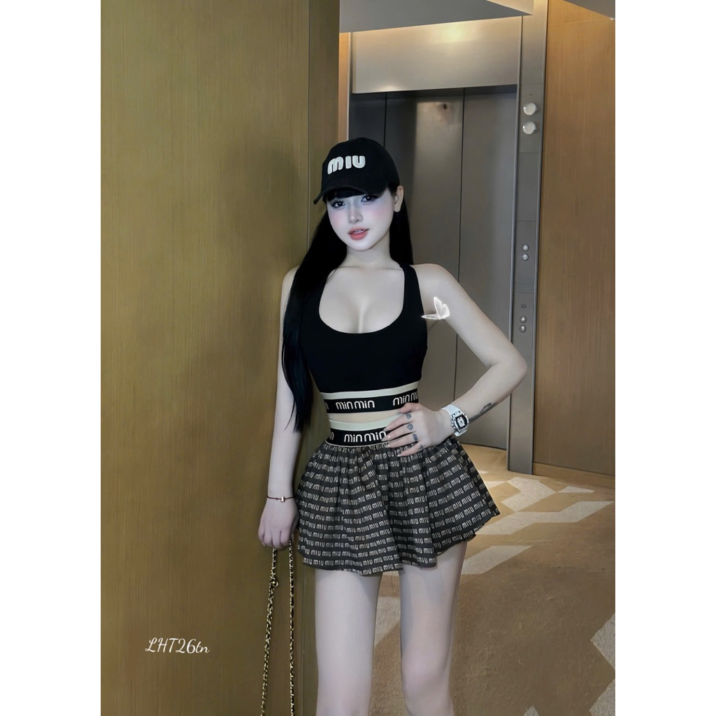 Set Miumiu áo hai dây mix chân váy