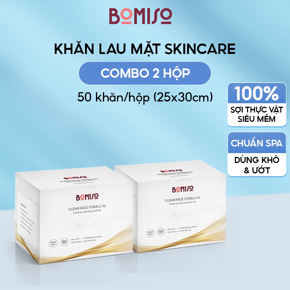 Combo 2 Hộp Khăn Lau Mặt Dùng 1 Lần BOMISO XL 25x30cm | Sợi Thực Vật, Siêu Mềm PB50