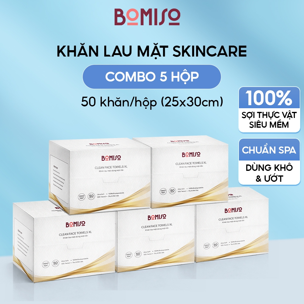 Combo 5 Hộp Khăn Lau Mặt Dùng 1 Lần BOMISO XL 25x30cm (250 cái) | Sợi Thực Vật, Siêu Mềm PB50