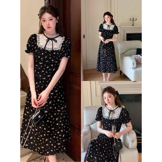 Đầm thời trang nữ chất voan in hoa cổ phối ren tay ngắn dáng váy maxi kiểu dáng nhẹ nhàng tiểu thư xinh xắn
