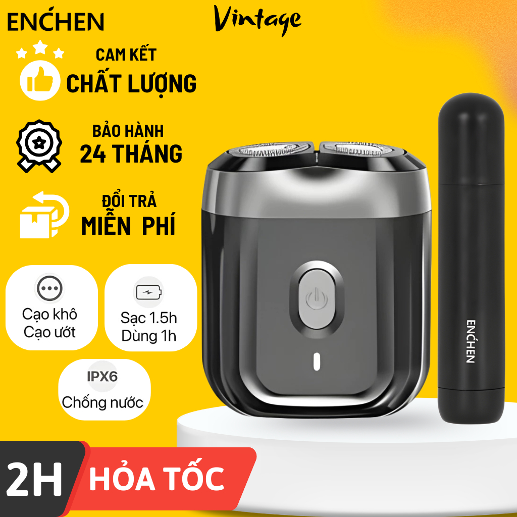 Máy cạo râu Enchen Mini 6 lưỡi dao kép mỏng,cạo râu điện chống nước IPX- Cổng sạc Type- C bỏ túi tiện lợi