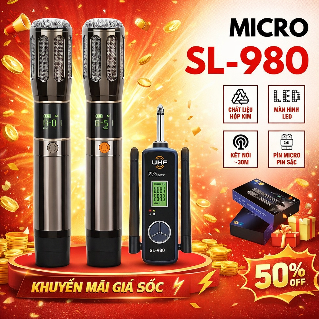 Micro Không Dây Karaoke SHUR SL980, Chất Âm Tự Nhiên, Sáng , Rõ Tàng, Chống Hú Rít, Bắt Sóng 100M