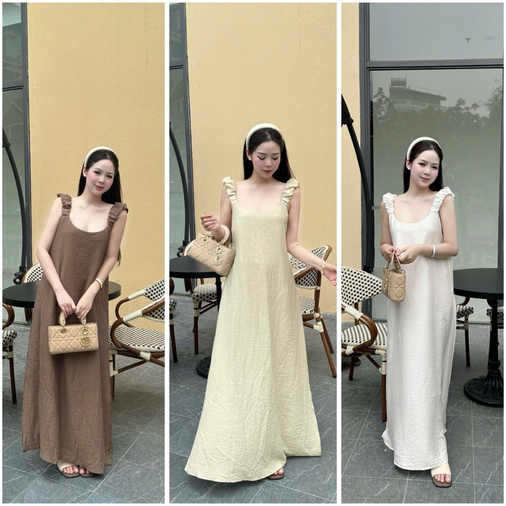 SL21 - Váy tơ linen maxi 2s bản to rúm xẻ dọc LLX