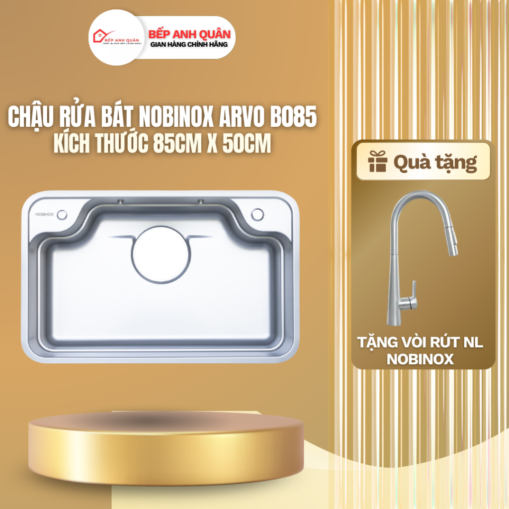 Chậu rửa 1 hố cao cấp NOBINOX ARVO B085 | Kích thước 85 X 50 CM | Hàng chính hãng