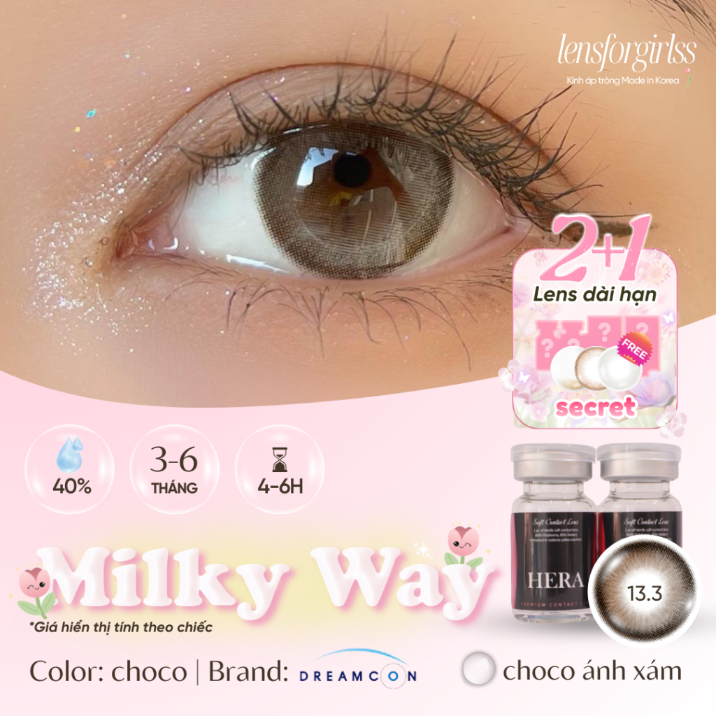 Kính áp tròng GIÃN TRÒNG xám sữa trong trẻo MILKY WAY CHOCO chính hãng HERA | Lens cận | LENSFORGIRL