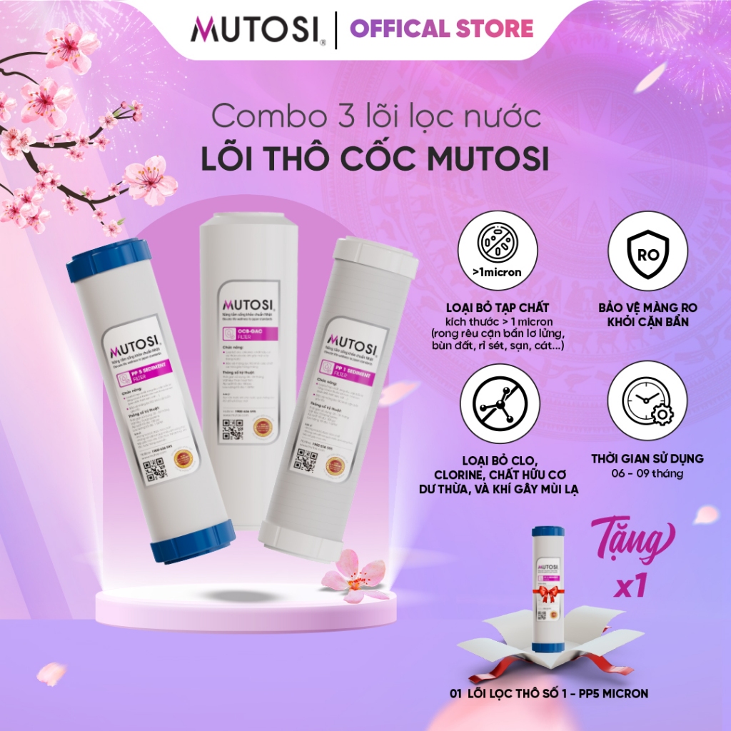 Combo 3 Lõi Lọc Nước 1, 2, 3 Mutosi Cho Máy Lọc Nước Dùng Lõi Thô Cốc Mutosi, Kangaroo, Karofi...