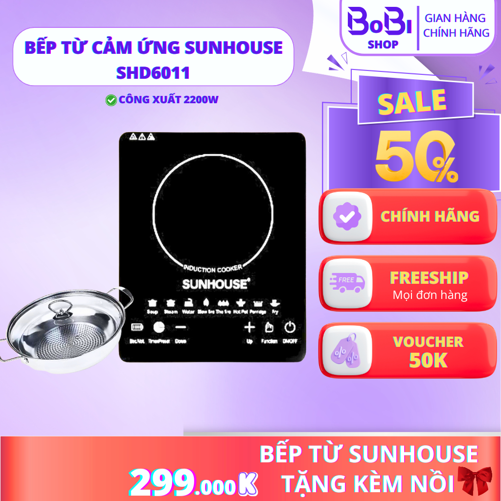 Bếp Từ SUNHOUSE Thế hệ mới SHD6011 Bảo Hành 12 Tháng, Bếp Từ Đơn Công suất 2200W Điều khiển cảm ứng,