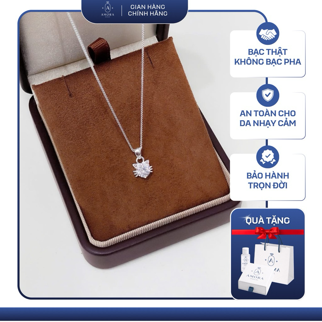 Dây chuyền nữ AMORA dây chuyền thiết kế mặt mèo & tim 2 màu trắng hồng by AMORA JEWELRY DCN078