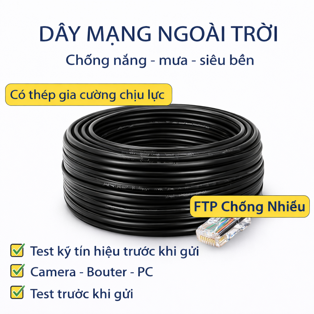Dây Mạng Ngoài Trời Bấm Sẵn 10M - 50M - 100M Dây Cáp Mạng Lan Ngoài Trời Bọc Bạc, Dầu, Thép Trợ Lực