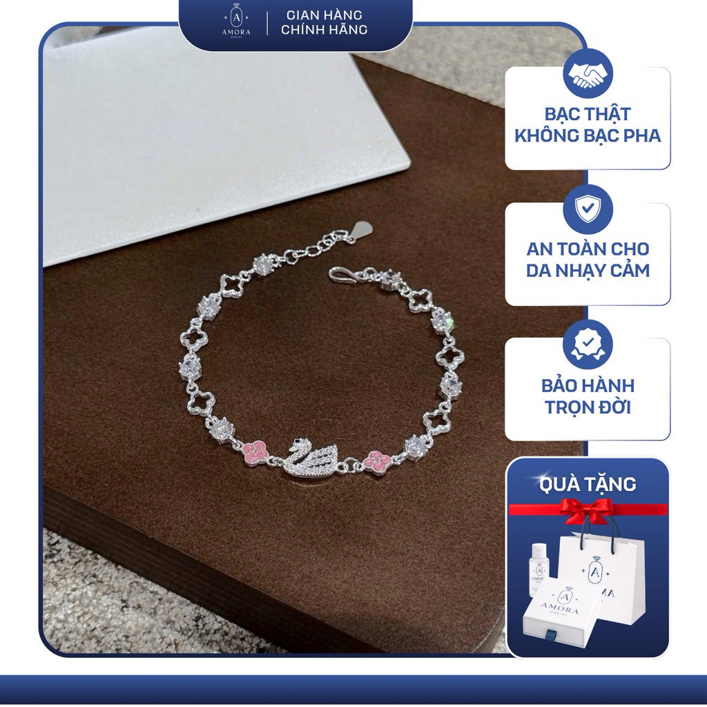 Lắc tay thiên nga AMORA thiết kế viền bạc cỏ 4 lá dày dặn bạc ta AMORA JEWELRY TN261