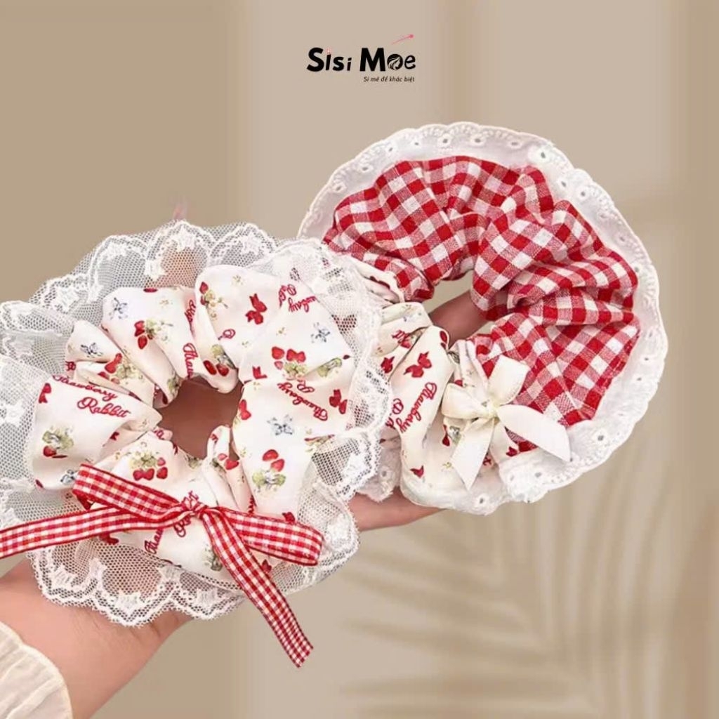 Scrunchies nơ caro đỏ cherry