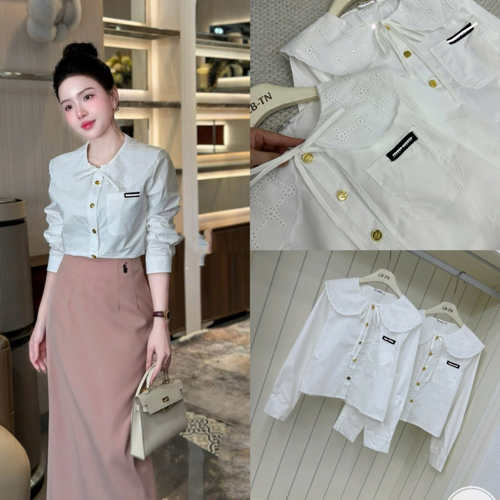 Áo sơ mi thô Min túi vuông cổ ren cúc vàng #2678