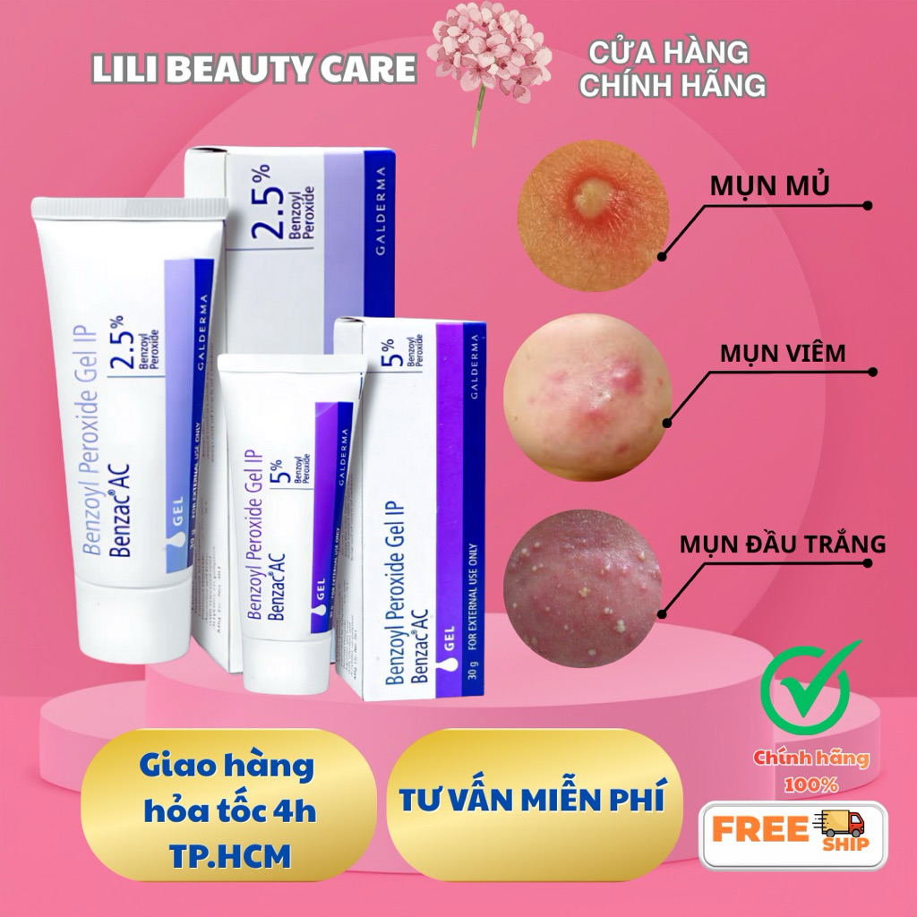 Galderma | Benzac AC | Benzoyl Peroxide 2.5% - 5% Gel 30gram | Hỗ trợ giảm mụn viêm mụn trứng cá