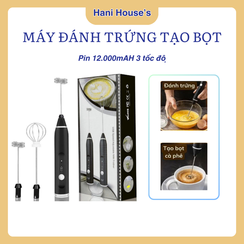Máy Tạo Bọt Cà Phê & Đánh Trứng Mini Không Dây 2 Đầu Sạc Usb 3 Cấp Độ