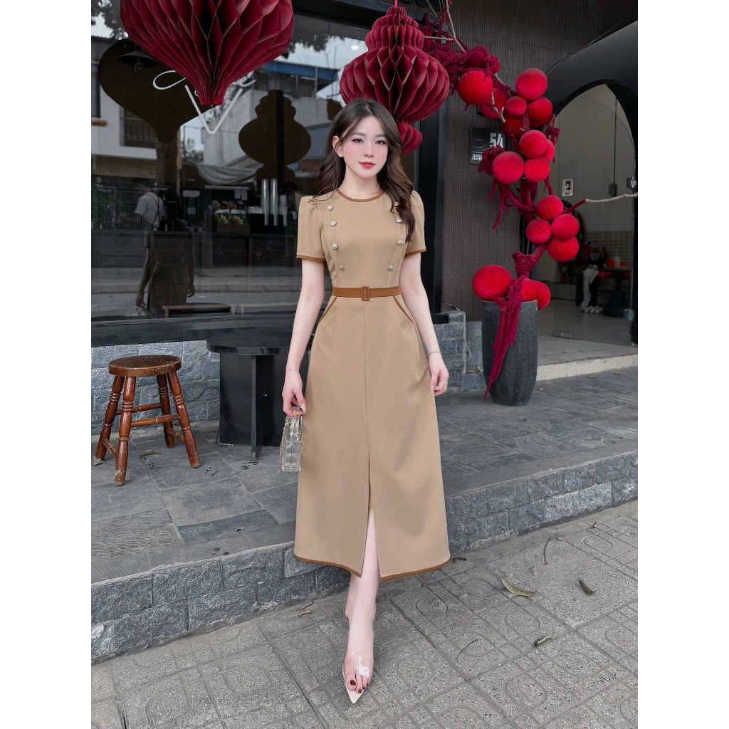 VK286 - Váy Thiết Kế Evii dành cho nữ, Đầm thiết kế cổ tròn, đai may liền dáng A dài xẻ trước