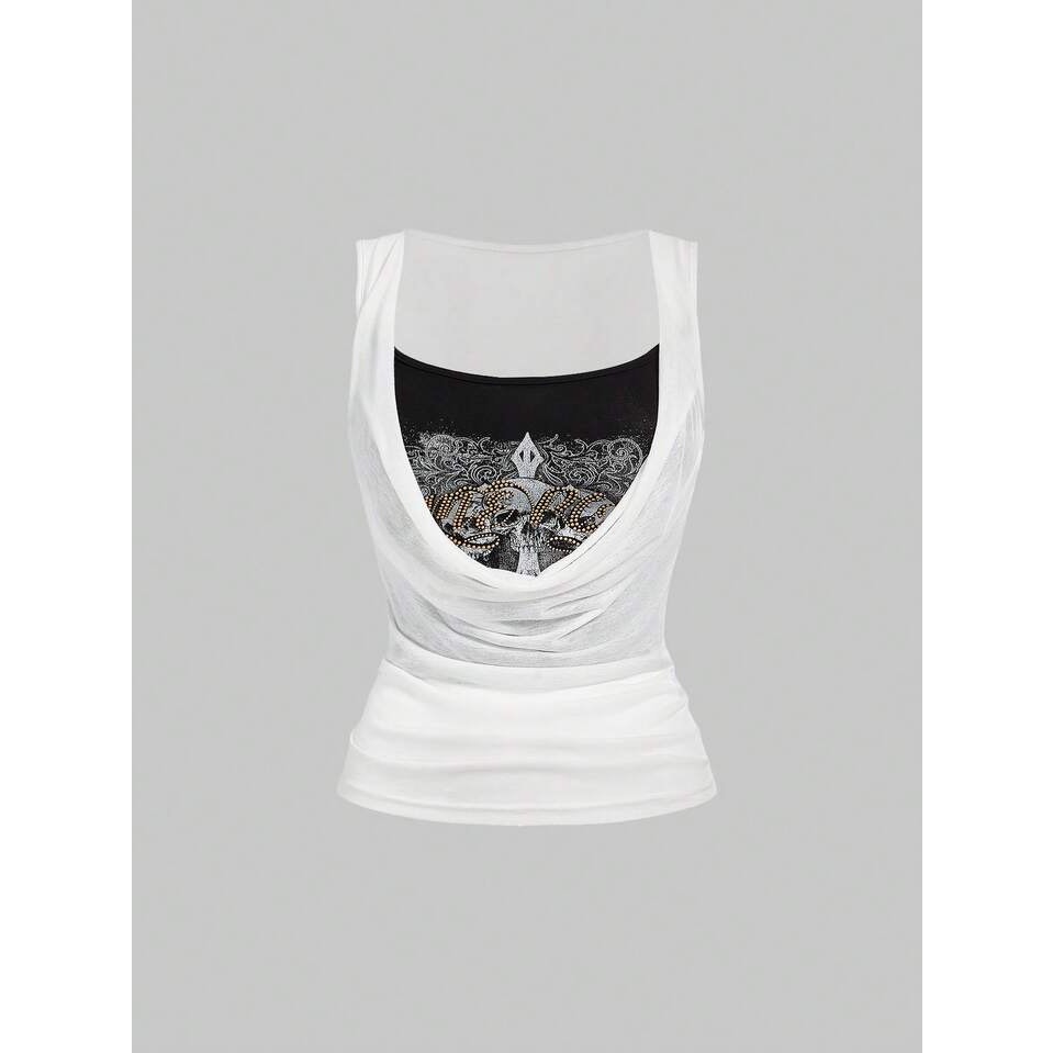 Sexy Double Layer 2 In 1 Plunging Neck Skull Print Top / Áo Sát Nách Layer 2 Lớp Mỏng Skull Punk Gru