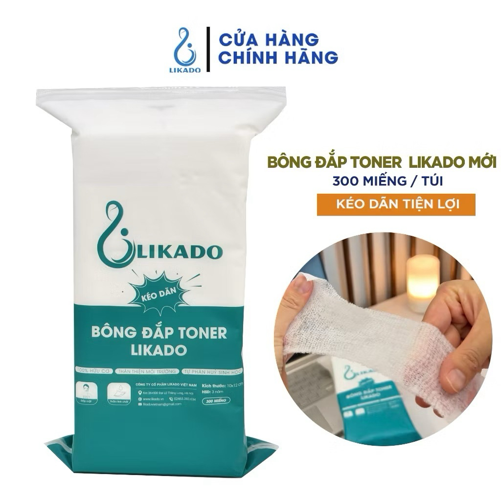 Bông đắp toner kéo dãn Likado túi 300 miếng cotton mềm.