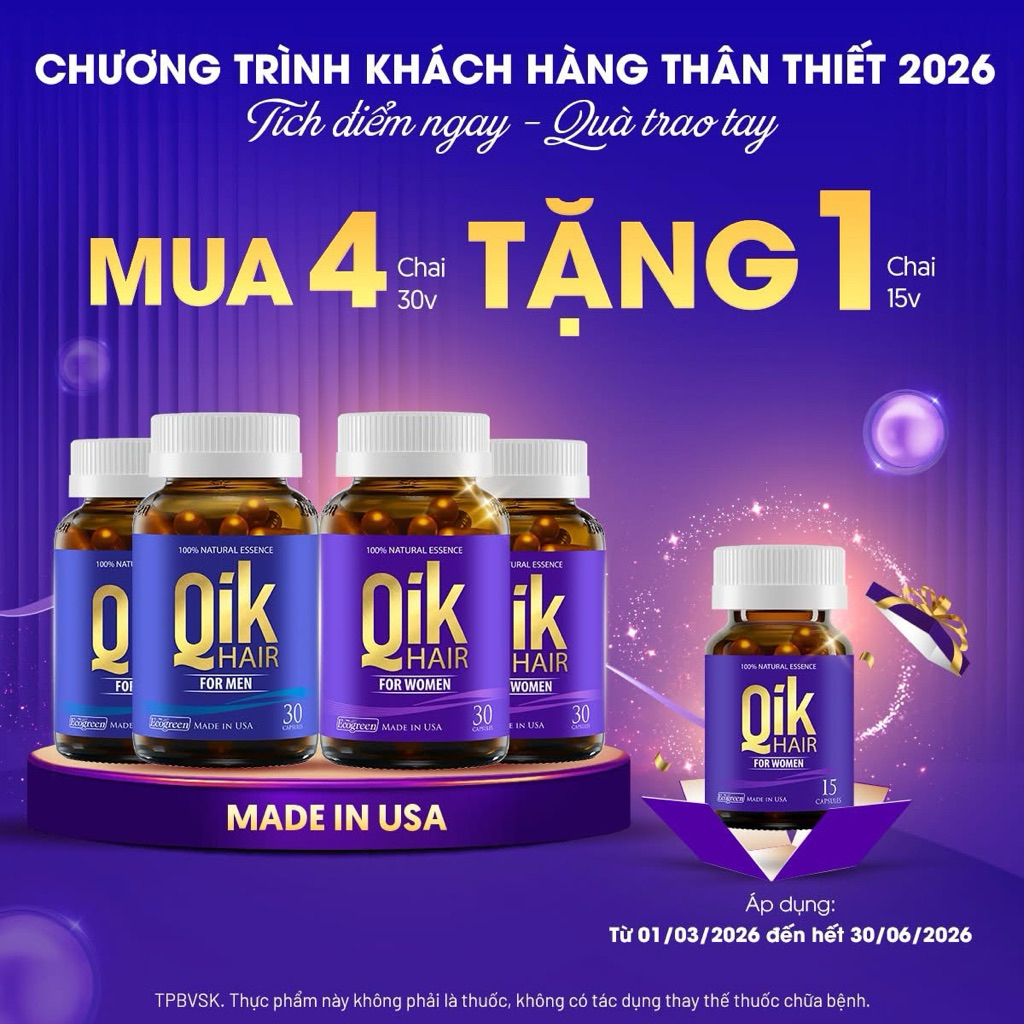 [CHÍNH HÃNG] QIK HAIR HỘP 30V VIÊN UỐNG GIẢM RỤNG, MỌC TÓC CHẮC KHỎE TỪ MỸ  <CÓ TEM TÍCH ĐIỂM ĐỔI QUÀ>