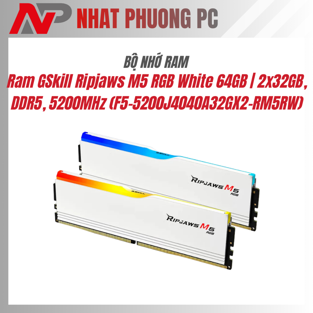 Ram GSkill Ripjaws M5 RGB White 64GB | 2x32GB, DDR5, 5200MHz (F5-5200J4040A32GX2-RM5RW)