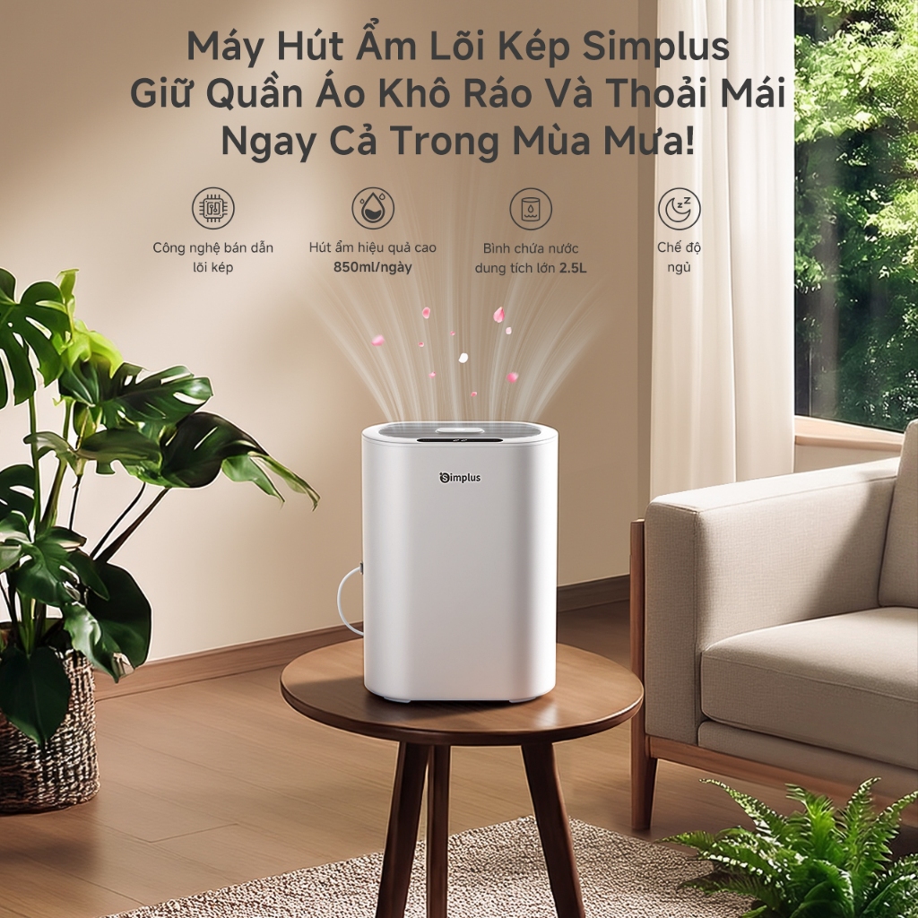 inssa×Simplus Máy hút ẩm lõi kép : Khả năng hút ẩm cao 850ml/ngày, bình chứa nước lớn 2.5L, hút ẩm mạnh mẽ CUSH009