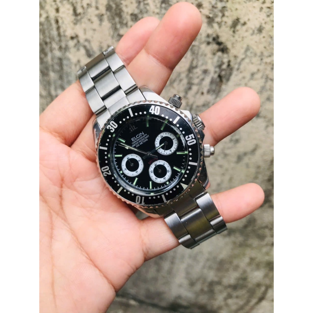 Đồng hồ nam si Nhật Elgin USA size 40/42mm dây vỏ thép 6kim chorno mặt đen niềng xoay