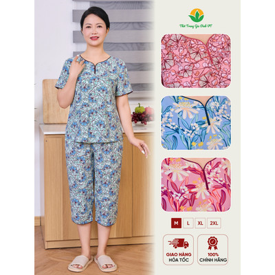 Bộ đồ lanh tole trung niên mặc nhà thời trang Việt Thắng, quần lửng, áo cộc tay họa tiết - B06.6022
