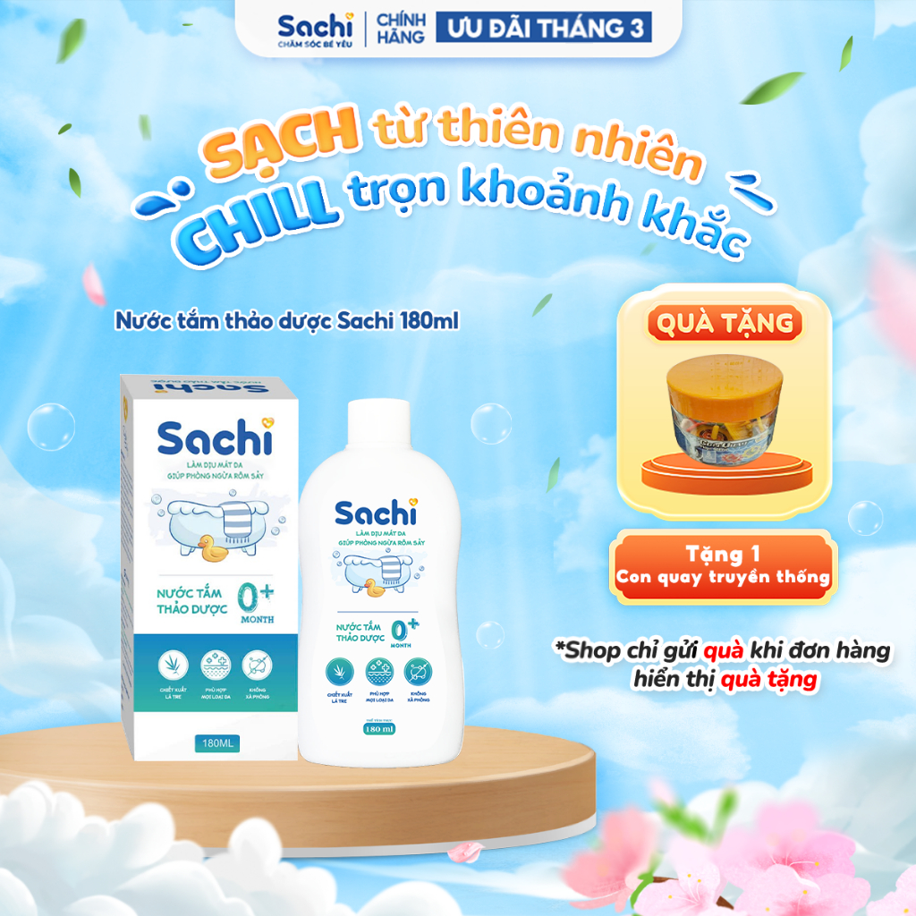 Nước Tắm Thảo Dược Cho Bé SACHI Làm Sạch An Toàn, Ngừa Rôm Sảy, Ngăn Ngừa Mảng Bám Da Đầu Chai 180ml