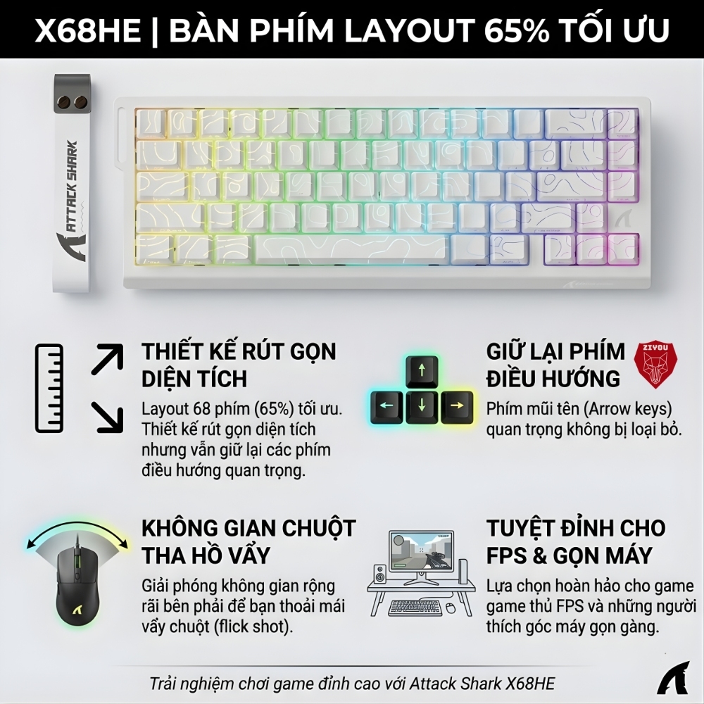 Bàn Phím Cơ Rapid Trigger Ziyou Attack Shark X68 HE LED RGB Cao Cấp Chuyên Game | BigBuy360 - bigbuy360.vn