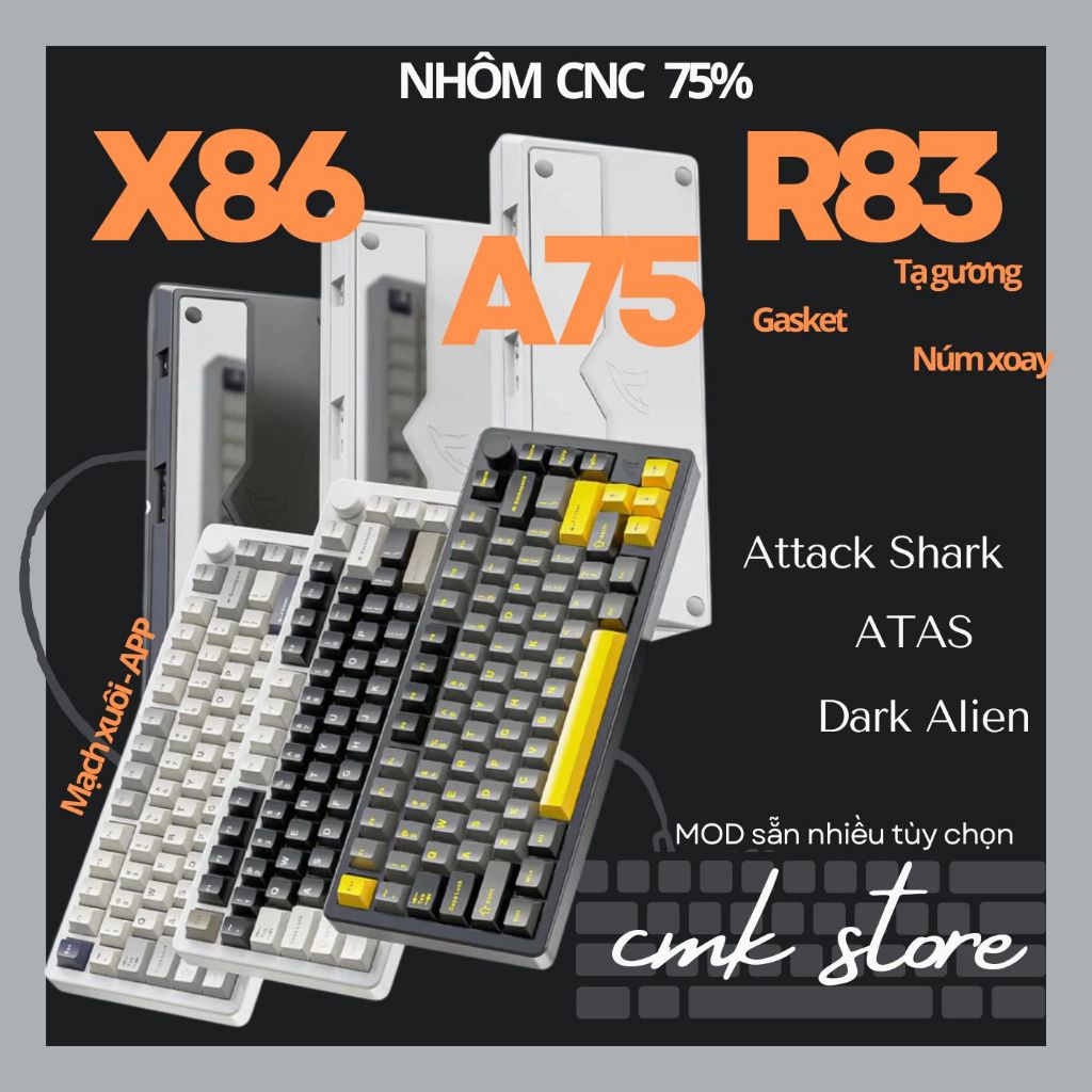 Bàn Phím Cơ Không Dây Nhôm 75% CNC Attack Shark X86 - Ziyou - Led Mạch Xuôi - Keycap PBT Double shot