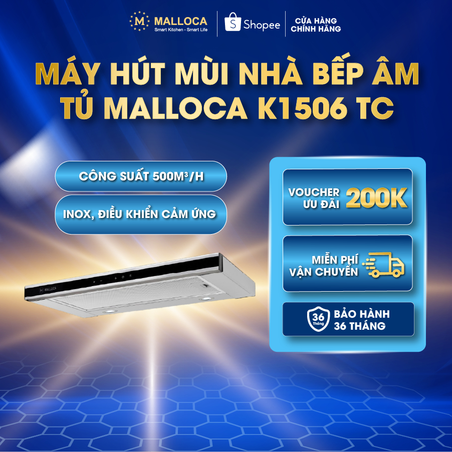 Máy Hút Mùi Nhà Bếp Âm Tủ điều khiển cảm ứng Malloca K1506 TC công suất 500 m3/h Inox Đen bảo hành 3