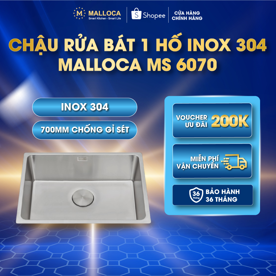Chậu rửa bát 1 hố inox 304 Malloca MS 6070 kích thước 700mm