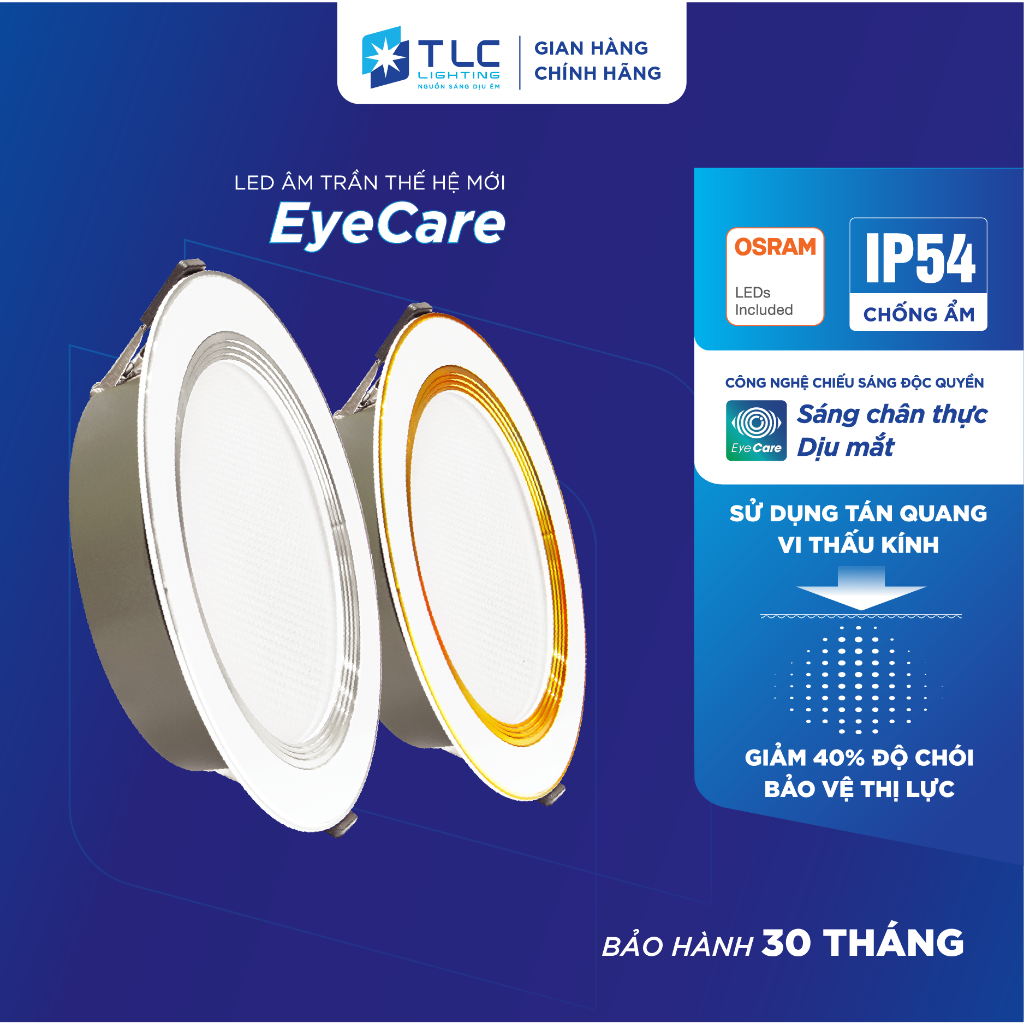 [CHÍNH HÃNG] Đèn LED Âm Trần Chống Ẩm Eyecare TLC LIGHTING Bảo vệ mắt, Tiêu chuẩn IP65 chống ẩm, Chi