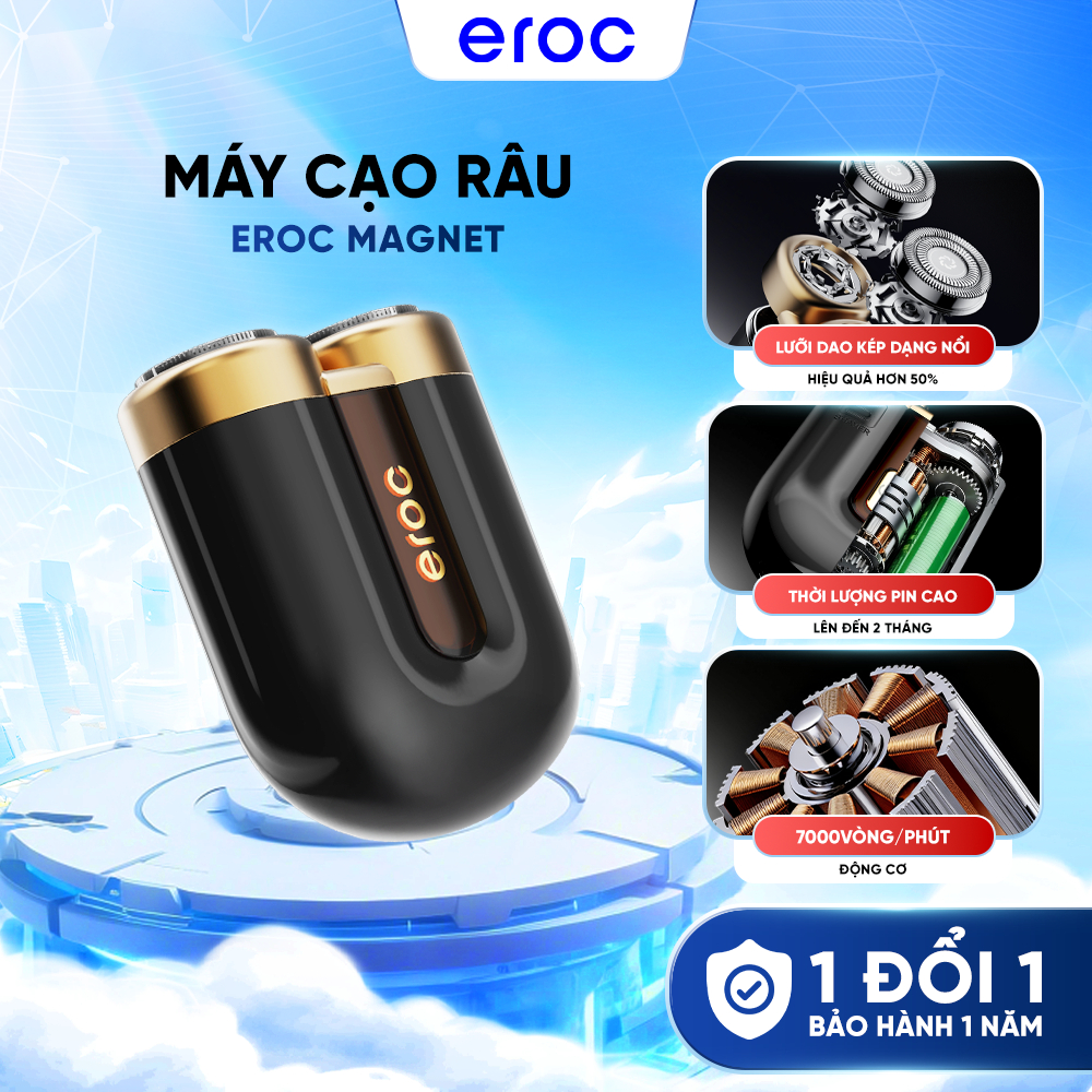 [Hỏa tốc HCM] Máy cạo râu EROC Magnet EROCCT020-BG- Thiết kế nam châm,Lưỡi dao kép nổi, Chống nước IPX7, sạc TypeC