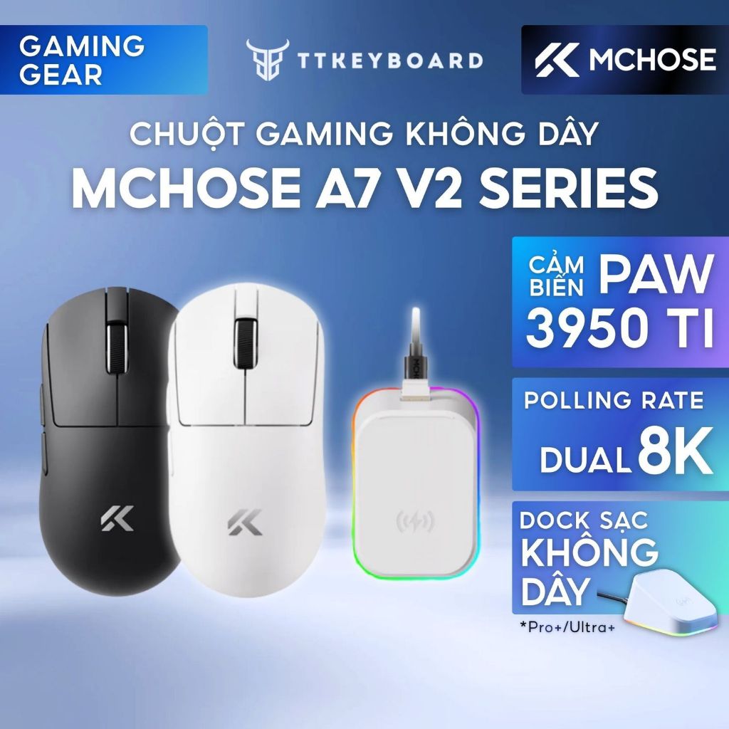 [Hỏa Tốc] Chuột Gaming Không Dây Mchose A7 V2 Series Cảm Biến PAW 3950TI Dual 8K Polling Rate