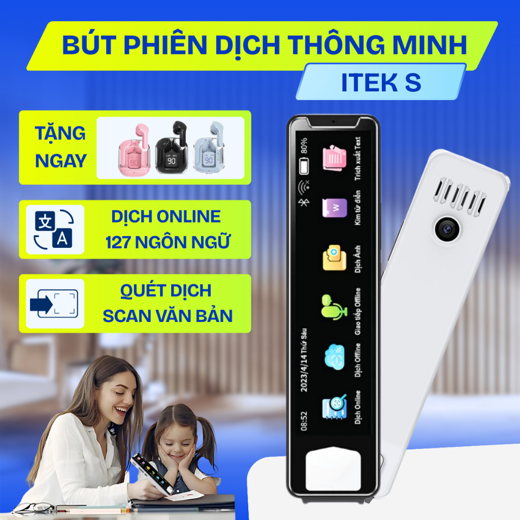 Bút phiên dịch ITEK S dịch giao tiếp giọng nói offline Anh, Việt, Trung, quét dịch văn bản hỗ trợ học tiếng anh