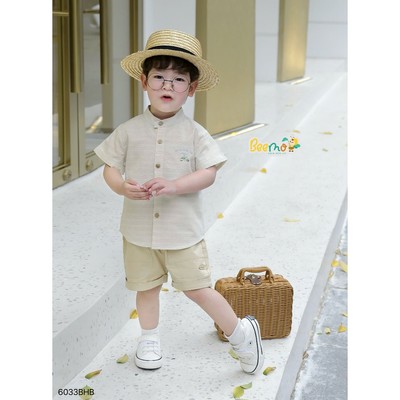 Set cơ mi cổ tàu Beemo in hình voi vải thô mềm mai cho bé đi học, đi chơi từ 9-24kg 6033BHB