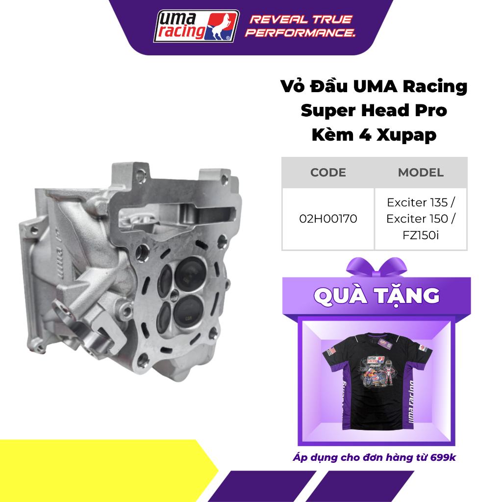 Đầu Super Head Pro UMA Racing Kèm 4 Xupap – Cho Exciter 135 / FZ150i – Piston 62mm 65mm