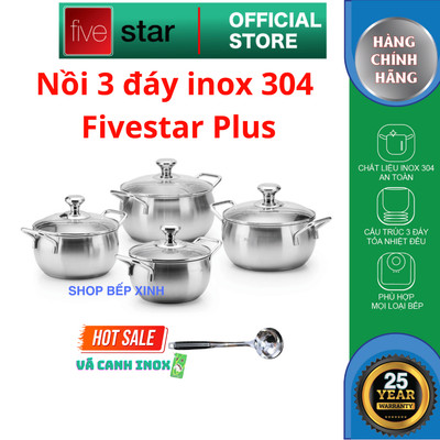 Nồi Inox 304 3 Đáy Nắp Kính Fivestar Plus Hình Táo – 4 Nồi Cao Cấp 16cm 18cm 20cm 22cm – Bảo Hành 25 Năm