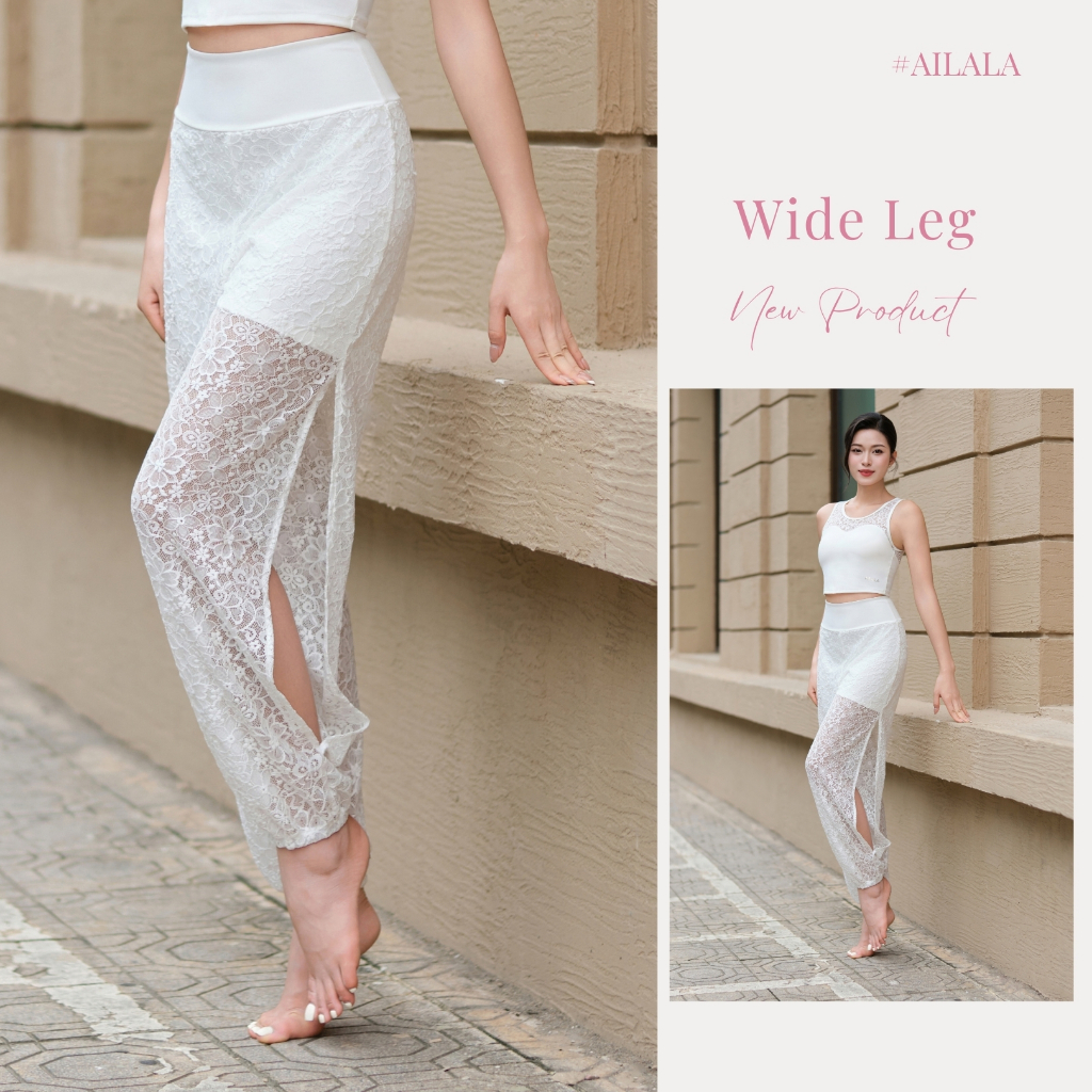 AiLALA LUX02 Quần Ống Rộng Nữ Cạp Cao Phối Ren, Quần Tập Yoga Pilates Co Giãn 4 Chiều, Size S–XL