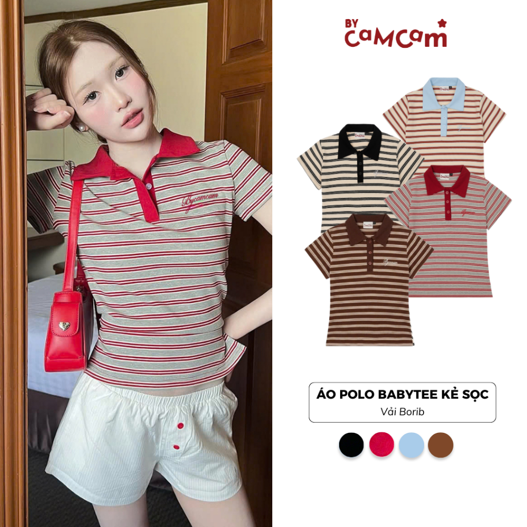 Áo Polo Kẻ Sọc BabyTee 𝑩𝒚𝒄𝒂𝒎𝒄𝒂𝒎 Họa Tiết Thêu Thiết Kế Tôn Dáng Cho Nữ APN013 | BigBuy360 - bigbuy360.vn