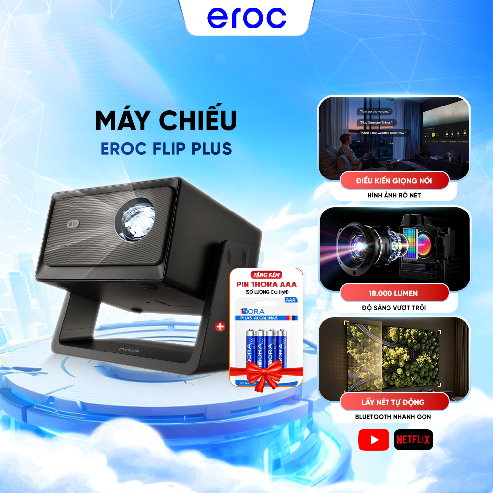 Máy chiếu mini Eroc FLIP PLUS / FLIP - Độ phân giải Full HD 18000 Lumens Android IOS Tương thích Netflix - Bảo hành 1năm