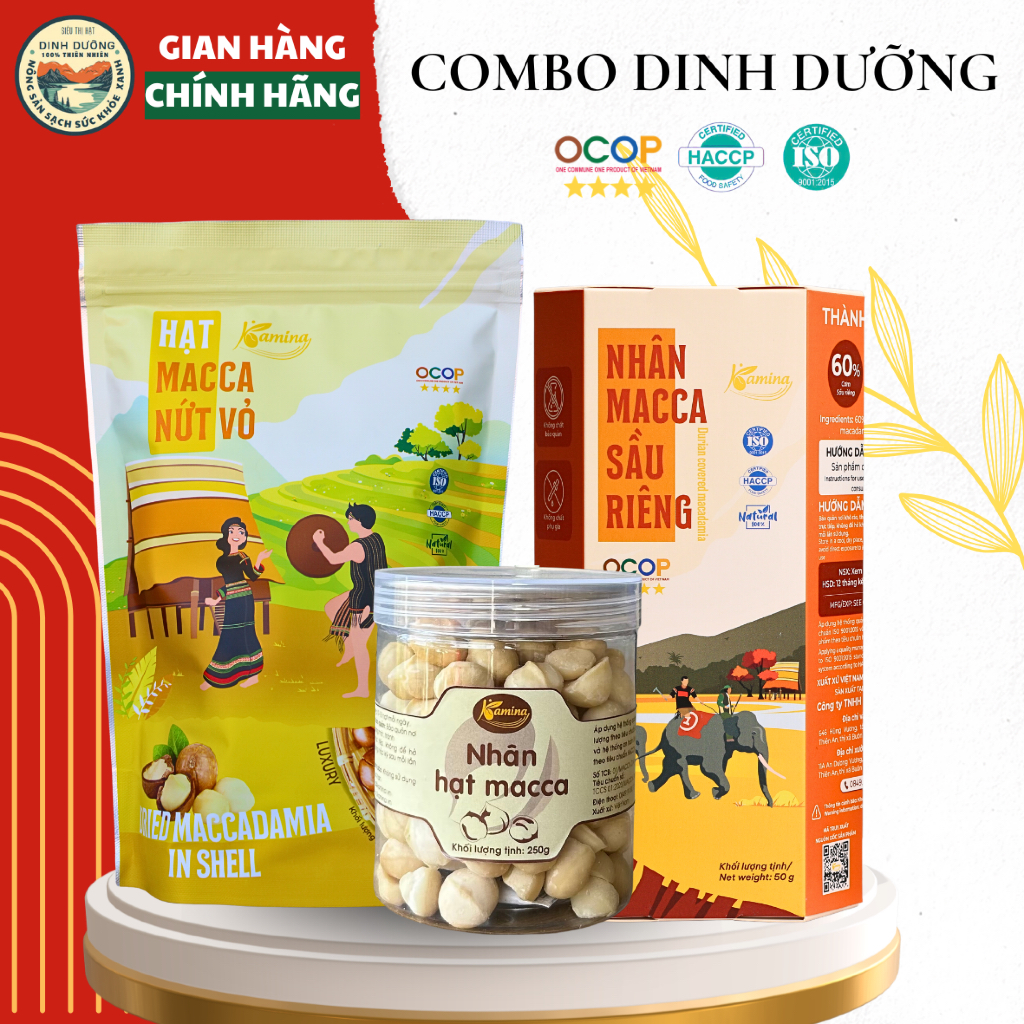 Combo 3 món: Hạt Macca nứt vỏ size TRUNG - Nhân macca tách vỏ - Nhân macca sầu riêng sấy