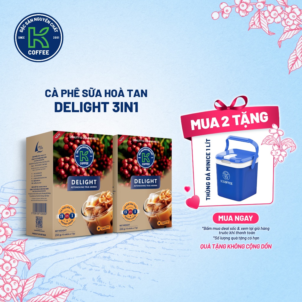 COMBO 2 Hộp Cà Phê Sữa Hòa Tan K Delight 3in1 Hộp 15 Gói - Thương Hiệu K Coffee